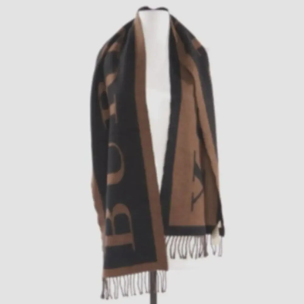 NEW RARE BURBERRY 100% cashmere Camel - Black Branded Logo Scarf UNISEX - Picture 4 of 12
